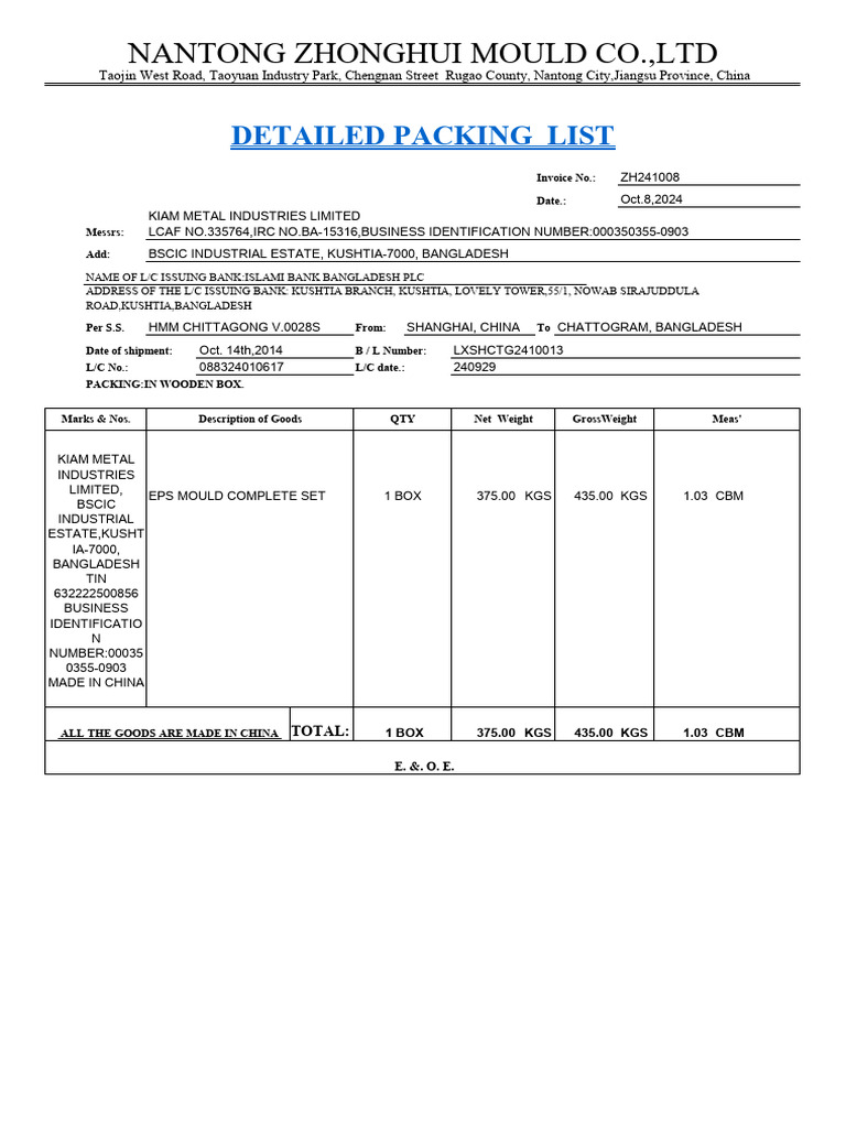 Nantong Zhonghui Mould Co.,Ltd: Detailed Packing List | PDF