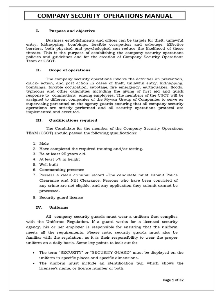 Company Security Operations Manual 1 | PDF | Security Guard | Security ...