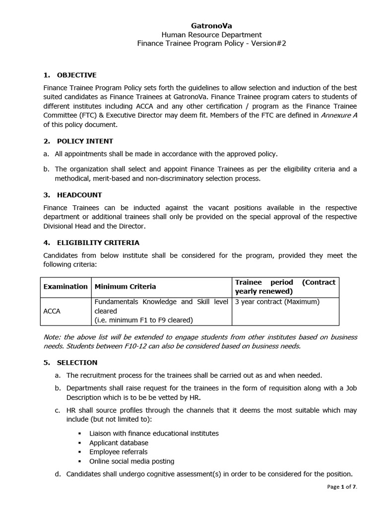 GatronoVa Finance Trainee Program Policy | PDF | Recruitment | Mentorship