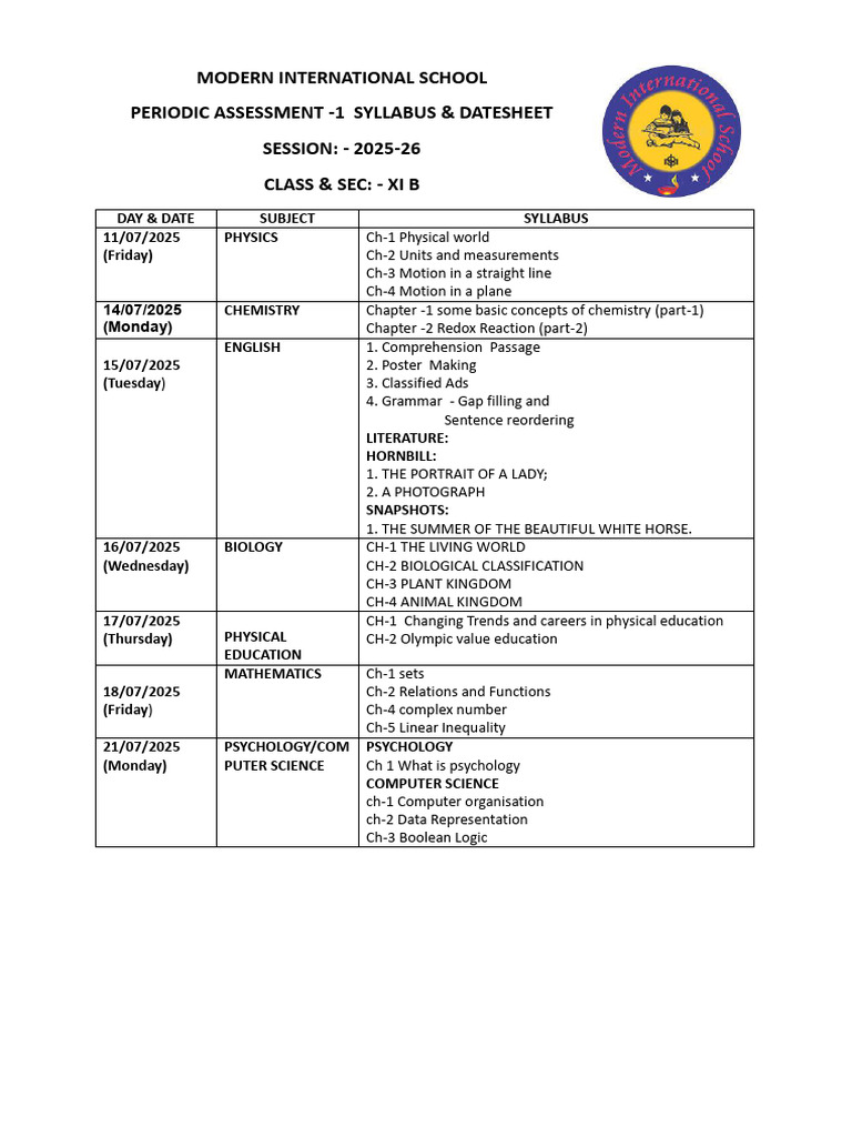 Class - Xi (Science) Datesheet With Syllabus | PDF