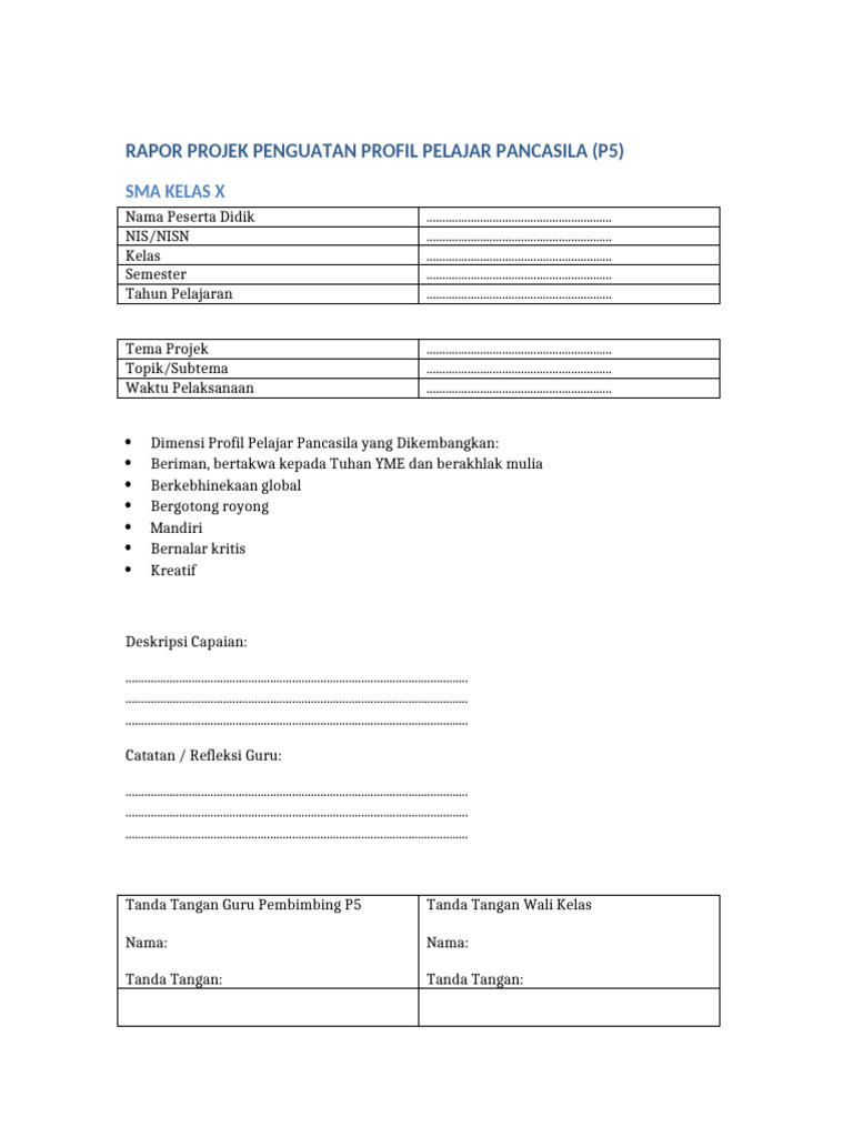Rapor P5 SMA Kelas X 2023 | PDF