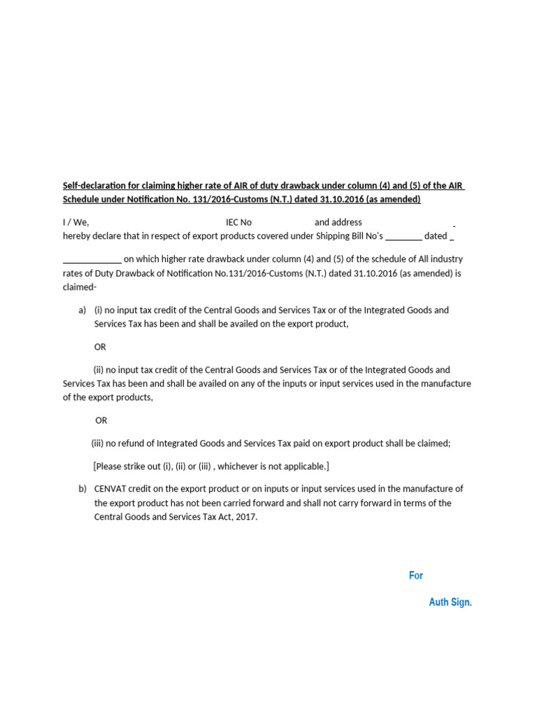 Duty Drawback Self-Declaration Form | PDF