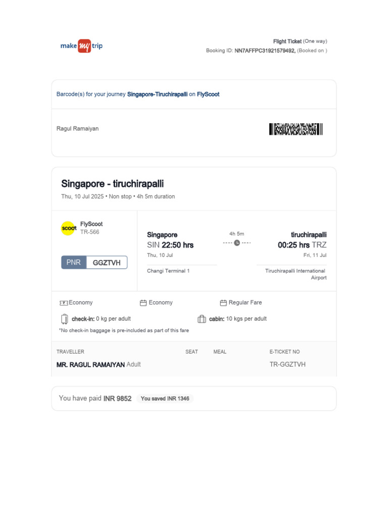 FlyScoot Flight Ticket to Tiruchirapalli | PDF