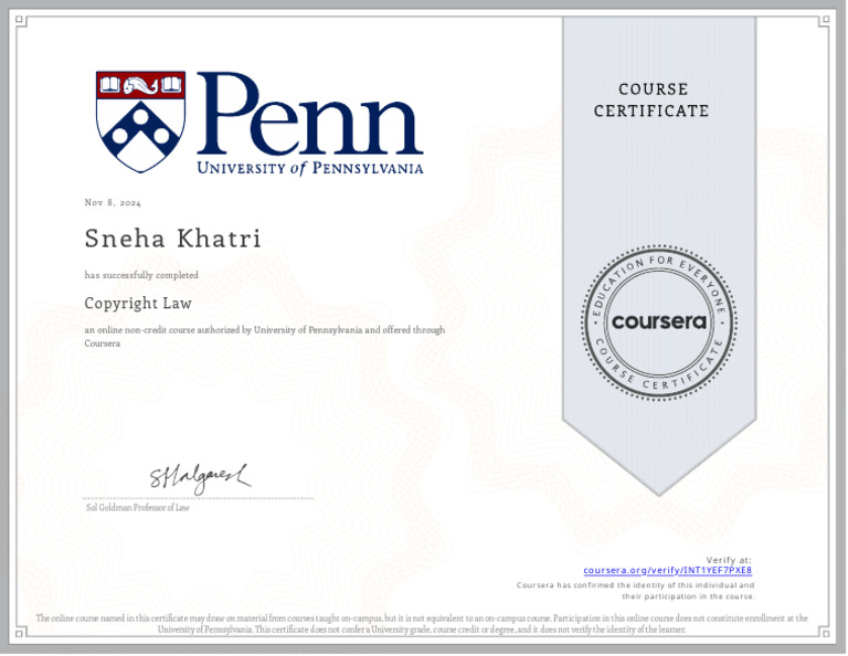 University of Pennsylvania: Copyright Law Course Completion Certificate ...