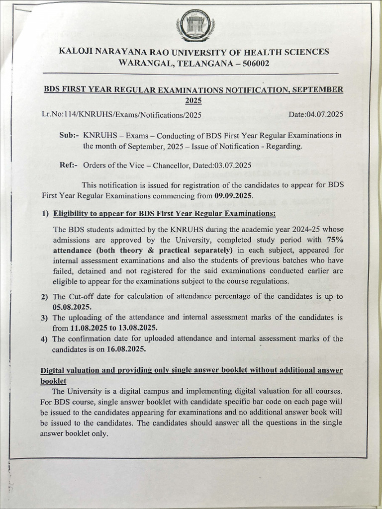 Knruhs University Exam Notification | PDF
