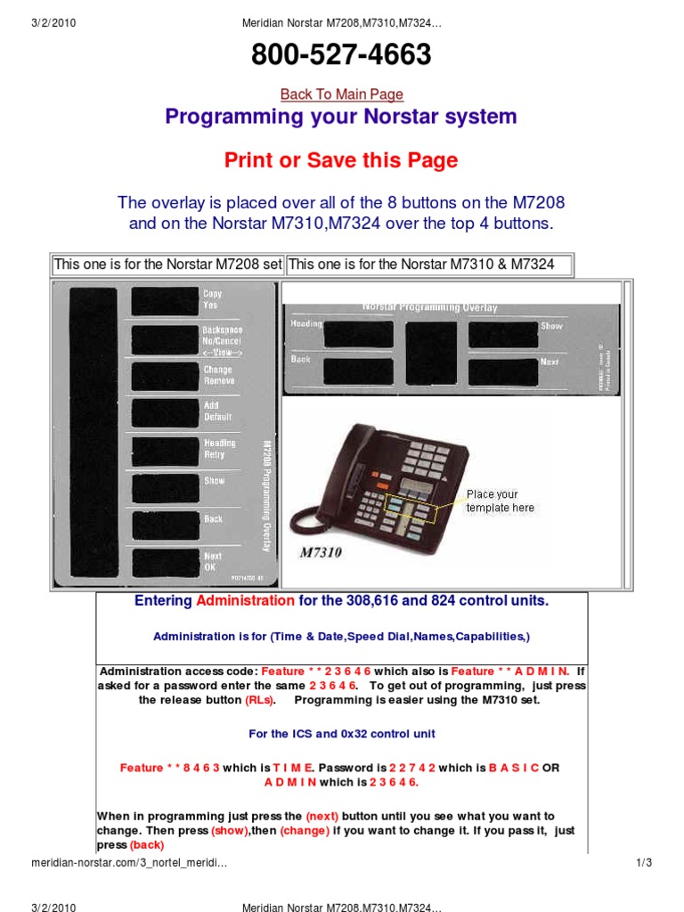 Meridian Norstar M7208, M7310, M7324 Programming, Phone Feature Codes ...