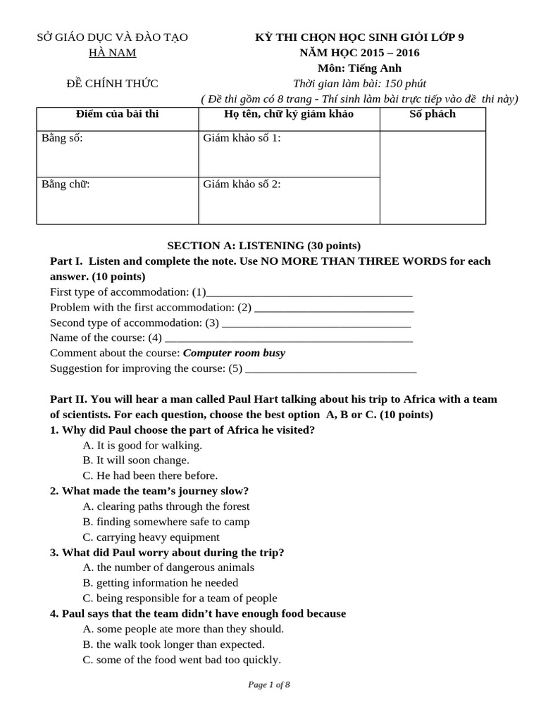 English Exam for 9th Graders 2015-2016 | PDF