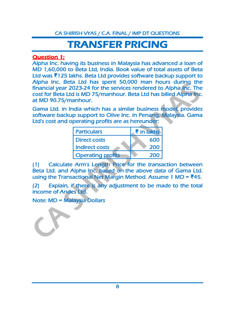 Transfer Pricing: Ca Shirish Vyas / C.A. Final / Imp DT Questions | PDF ...