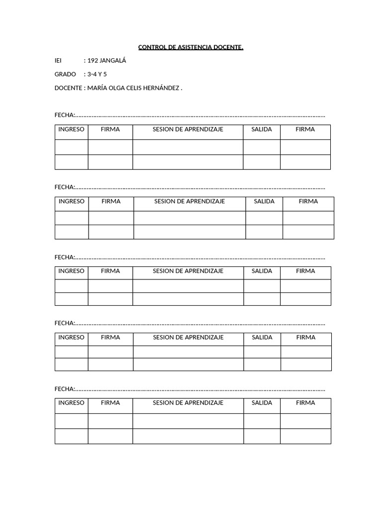 Control de Asistencia Docente IEI 192 | PDF