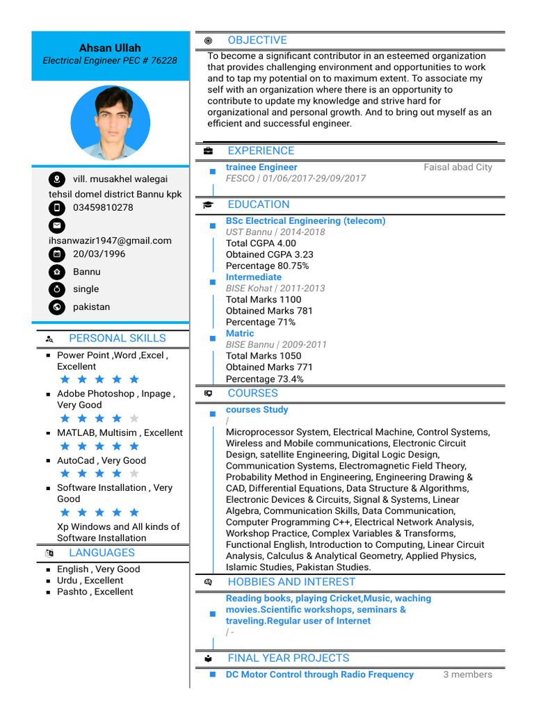 Ahsan Ullah: Electrical Engineer CV | PDF | Engineering | Electrical ...
