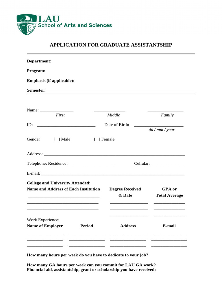 Graduate Assistantship Application Form | PDF
