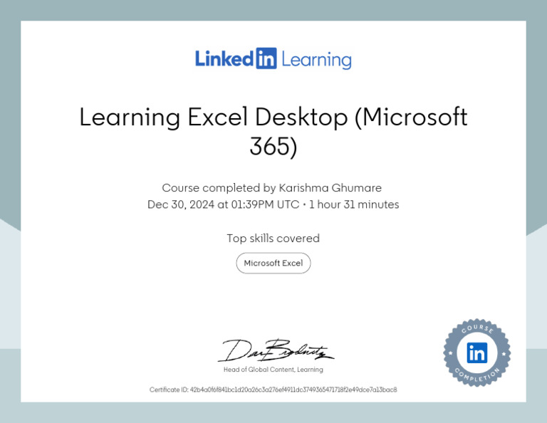 MS Excel Certification Completion | PDF