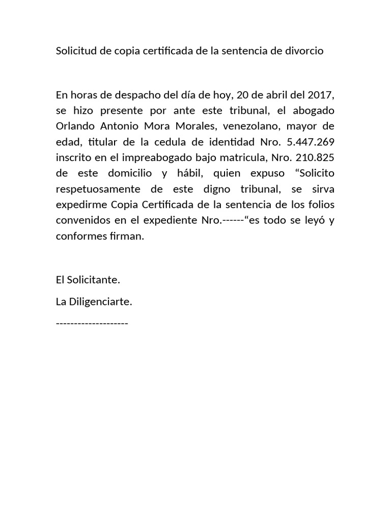 Solicitud de Copia Certificada de La Sentencia de Divorcio | PDF