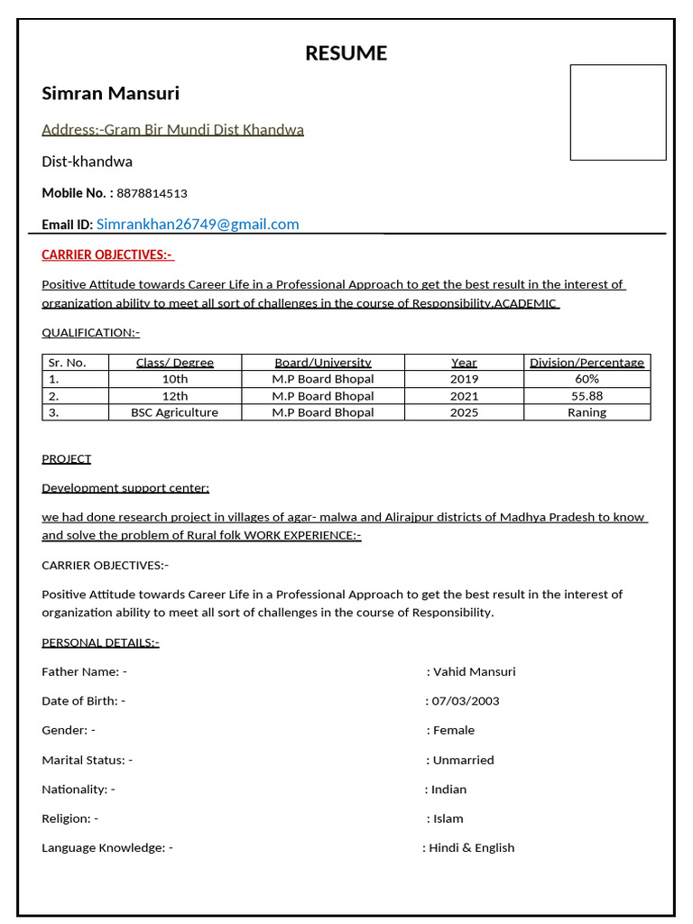 Simran Mansuri - Agriculture Graduate Resume | PDF