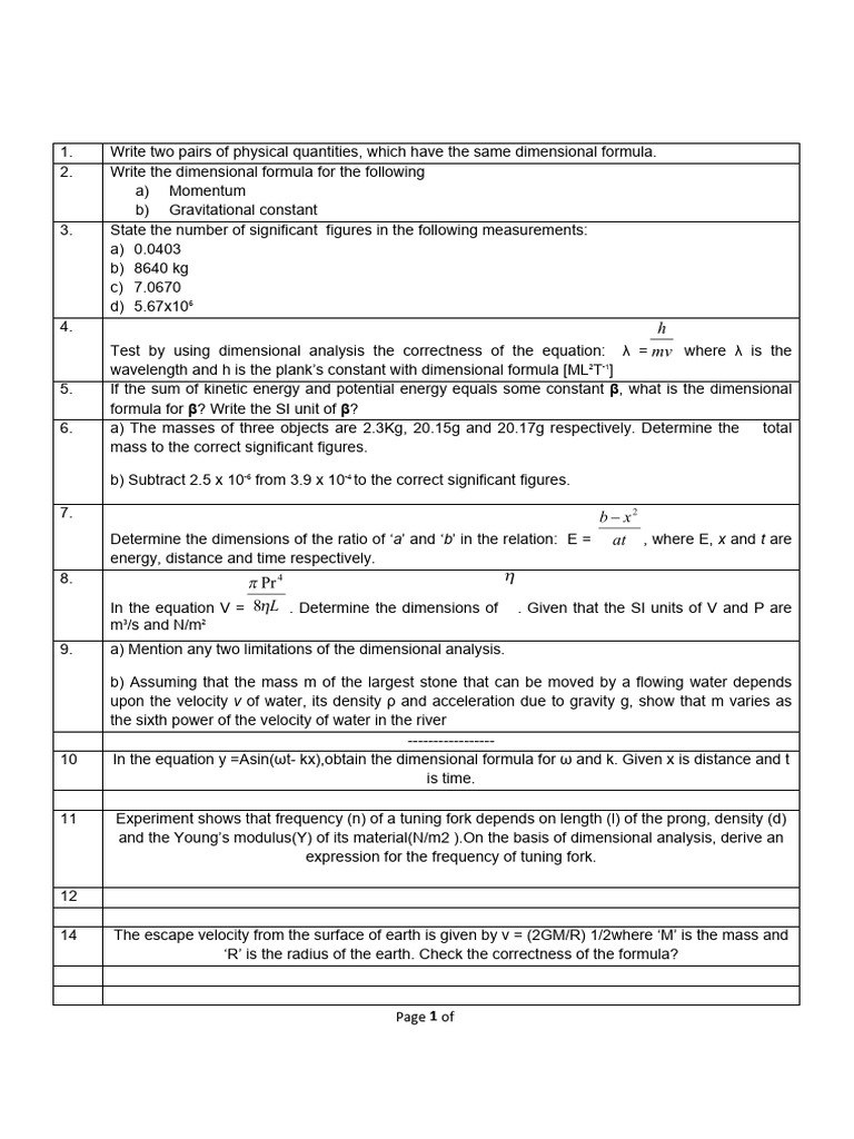 Dimensional Analysis and Limitations | PDF | Velocity | Mass