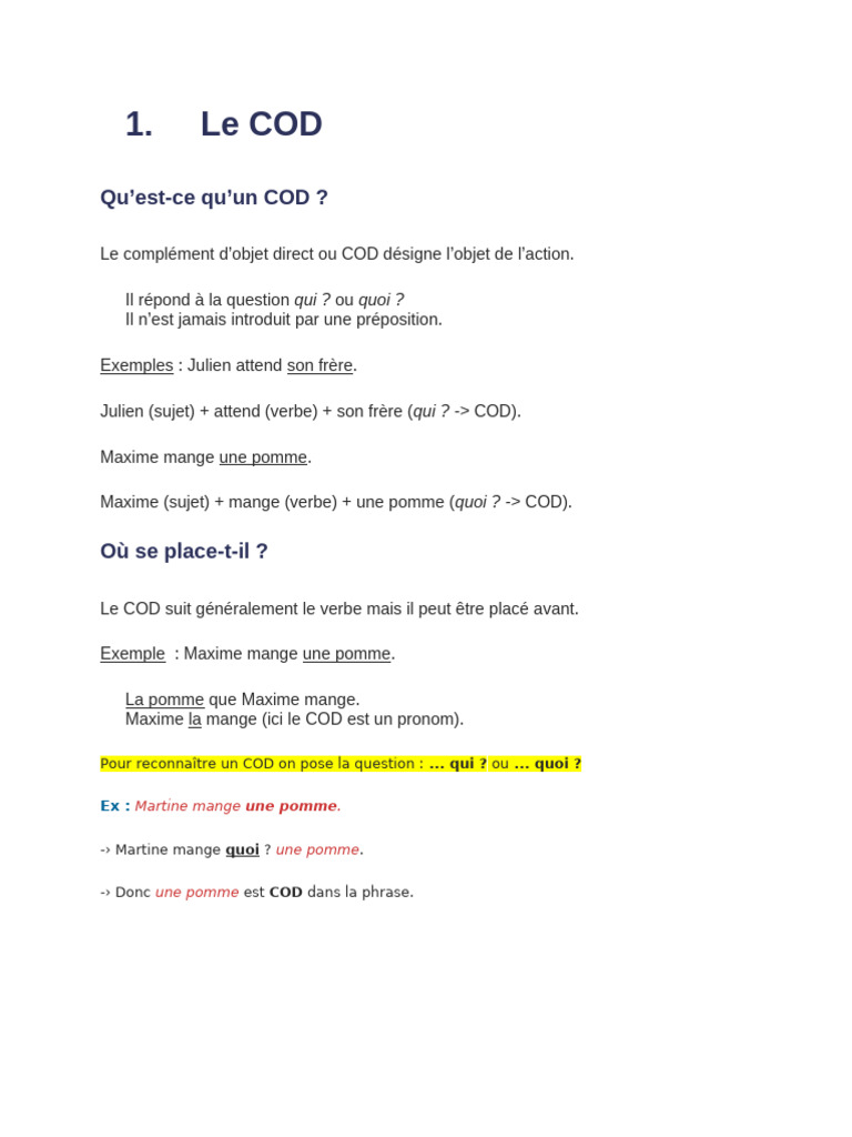 Exercices sur le COD et COI | PDF | Complément d'objet | Sciences ...