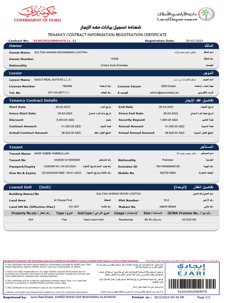 Dubai Tenancy Contract Details | PDF | Lease | Property Law