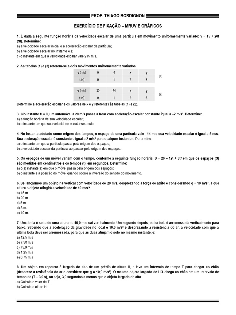 Exercícios de MRUV e Gráficos de Movimento | PDF | Velocidade | Velocidade