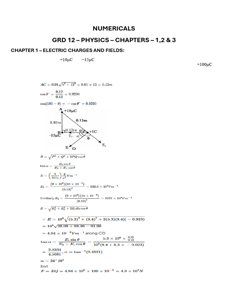 Grade 12 Physics Numerical Problems | PDF | Force | Electric Field