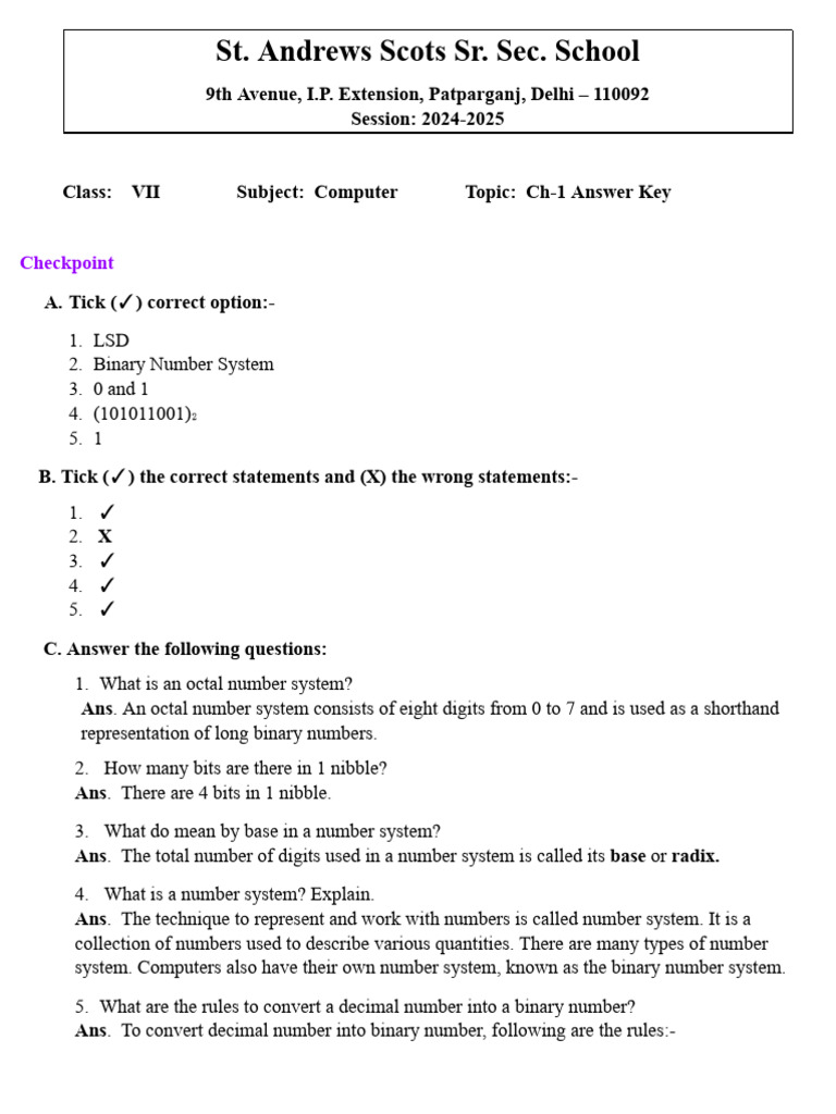 Computer - Ch-1 Answer Key | PDF