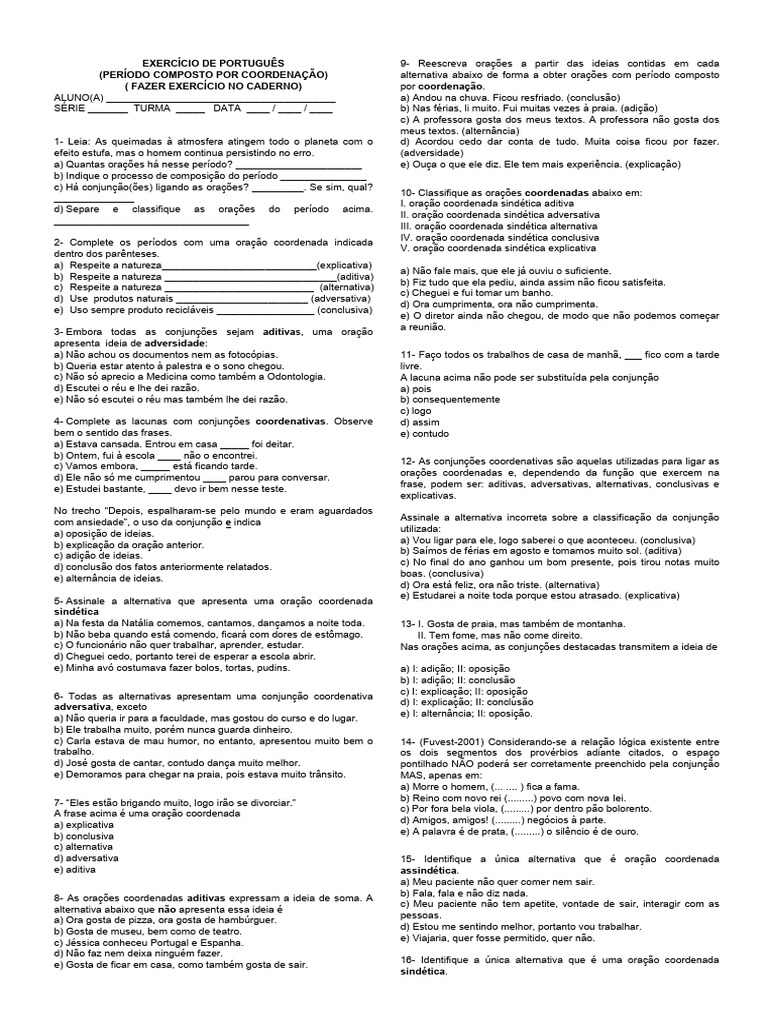 Exercícios sobre Orações Coordenadas | PDF