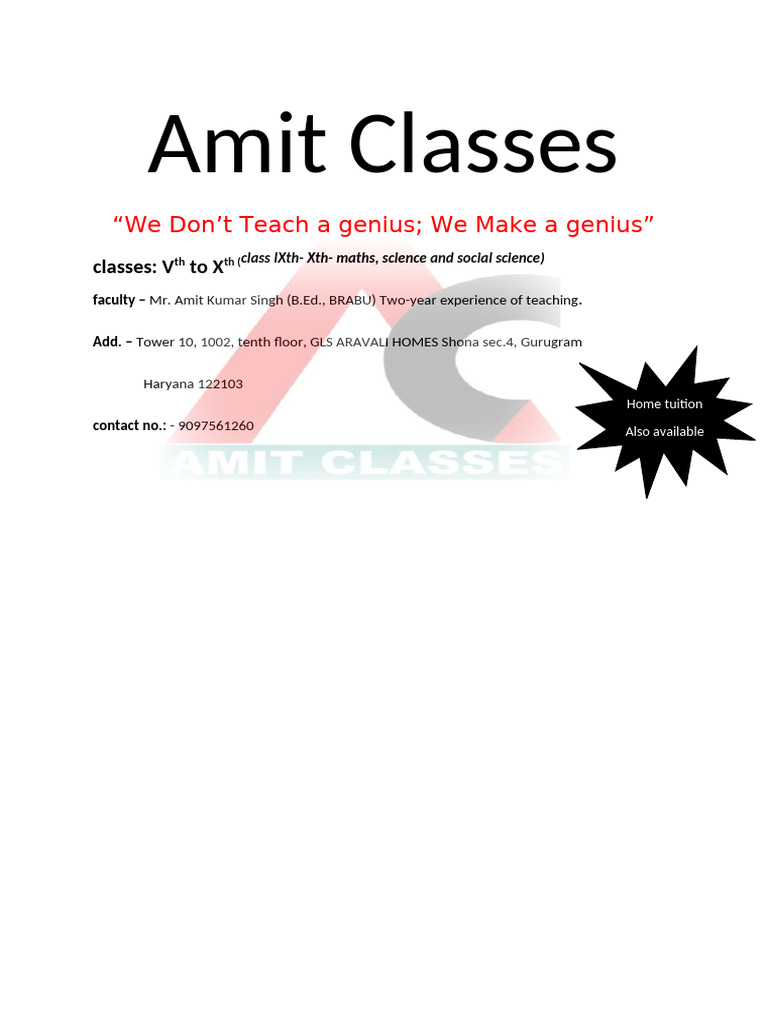Amit Classes: Home Tuition for V-Xth | PDF