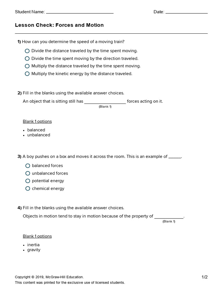 Lesson Check - Forces and Motion | PDF | Force | Mechanics