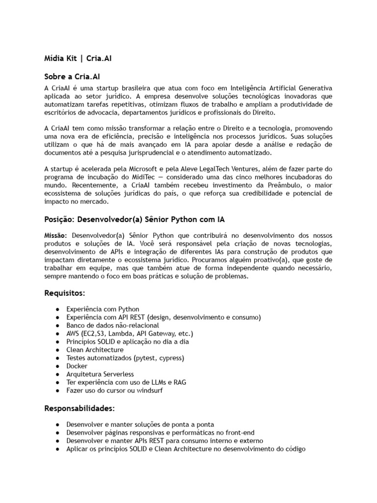 Vaga Desenvolvedor Sênior Python na Cria.AI | PDF | Empresa Startup ...