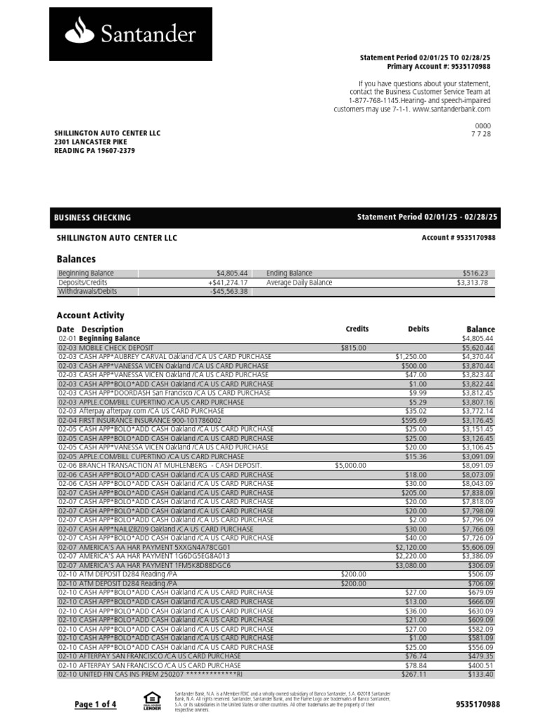 Shillington Auto Center Statement Summary | PDF | Cash | Payments