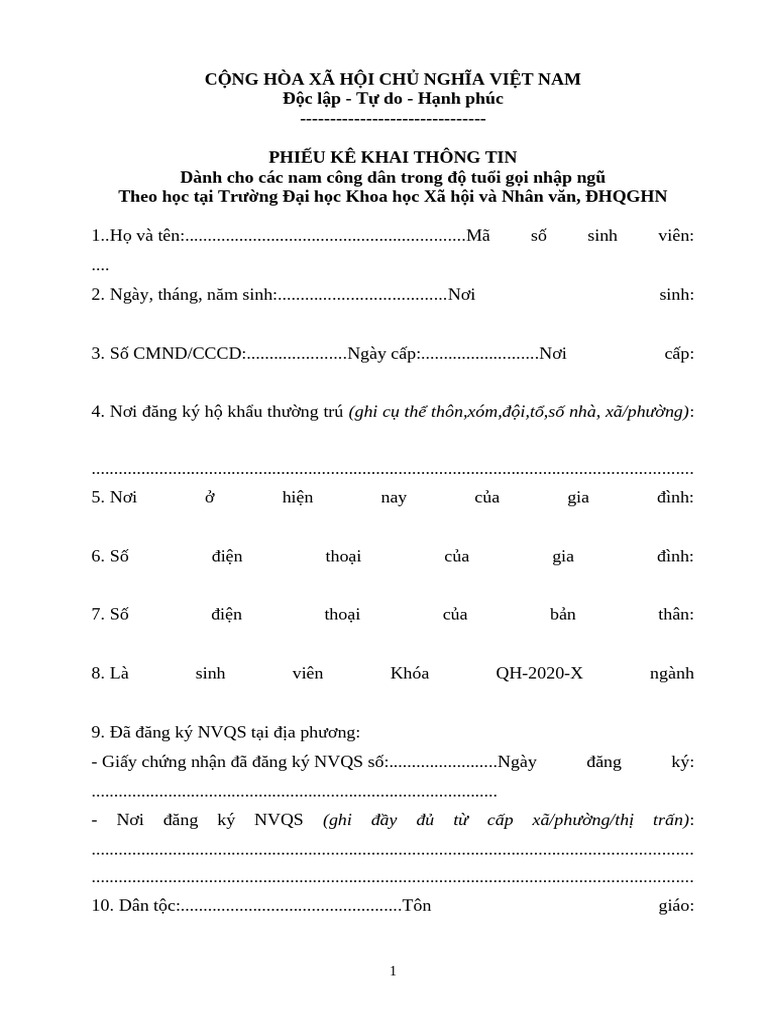 Phieu Ke Khai Thong Tin Nam Cong Dan Cho Tan SV | PDF