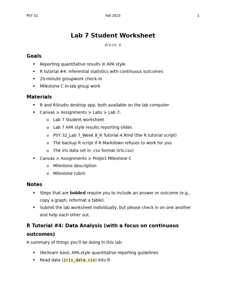 PSY 32 - S24 - Lab 7 - Week 8 - R Tutorial 4 Worksheet | PDF | Analysis ...
