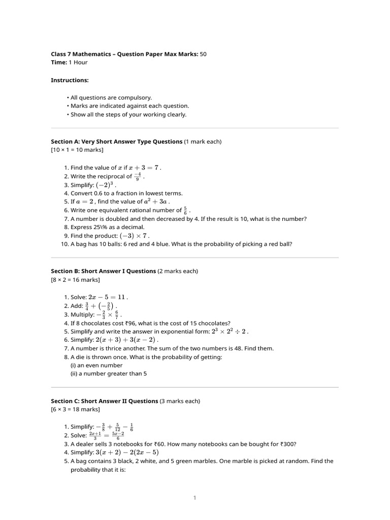 Class 7 Maths Question Paper 2025 | PDF