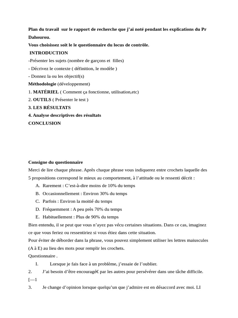 Questionnaire sur le Locus de Contrôle | PDF