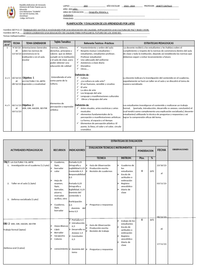Planificación y Evaluación Educativa 2023 | PDF | Maestros | Salón de ...