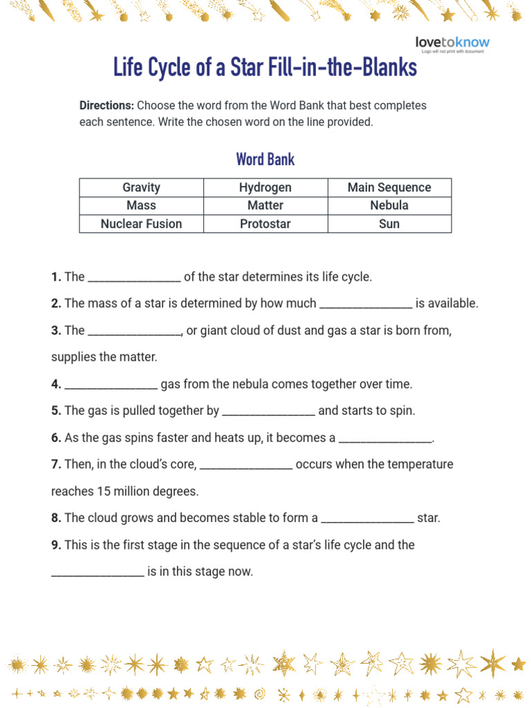 4454 Life Cycle of Star Fill in The Blanks | PDF