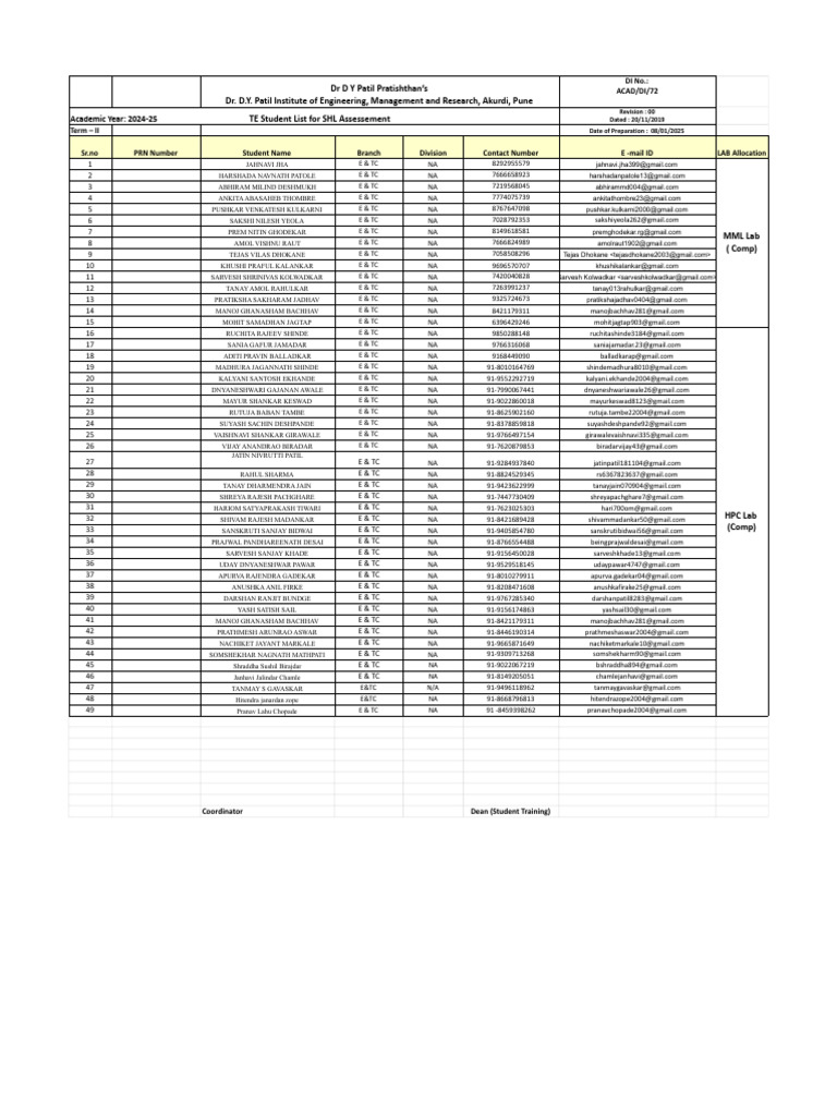 D Y Patil TE Student List 2024-25 | PDF