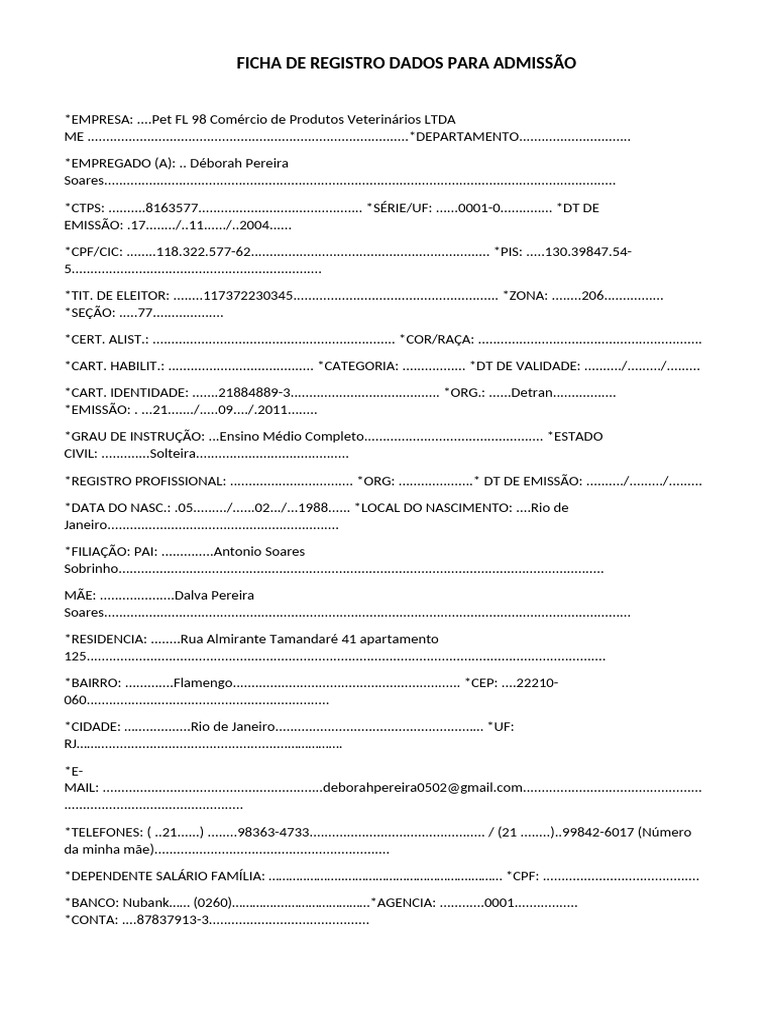 Ficha de Registro para Admissão de Empregado | PDF