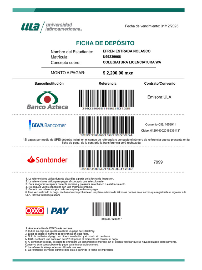 Pago de Colegiatura ULA: Instrucciones y Plazos | PDF | Bancario | Dinero