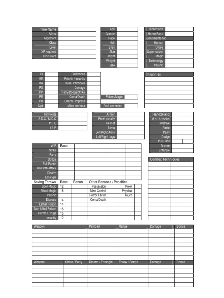 RIFTS Character Sheet Template | PDF