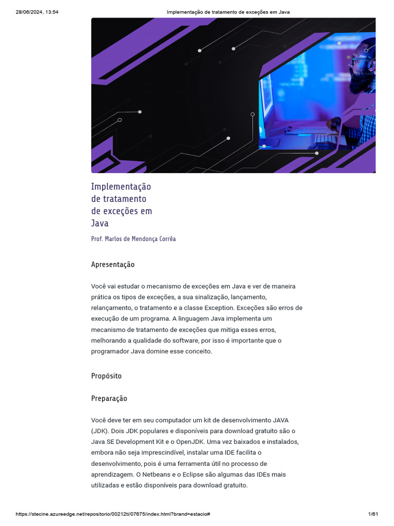 Tratamento de Exceções em Java | PDF | Classe (programação de ...
