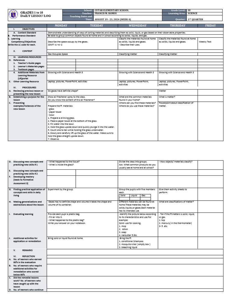 Grade 3 Science Daily Lesson Plan | PDF | Gases | Glasses