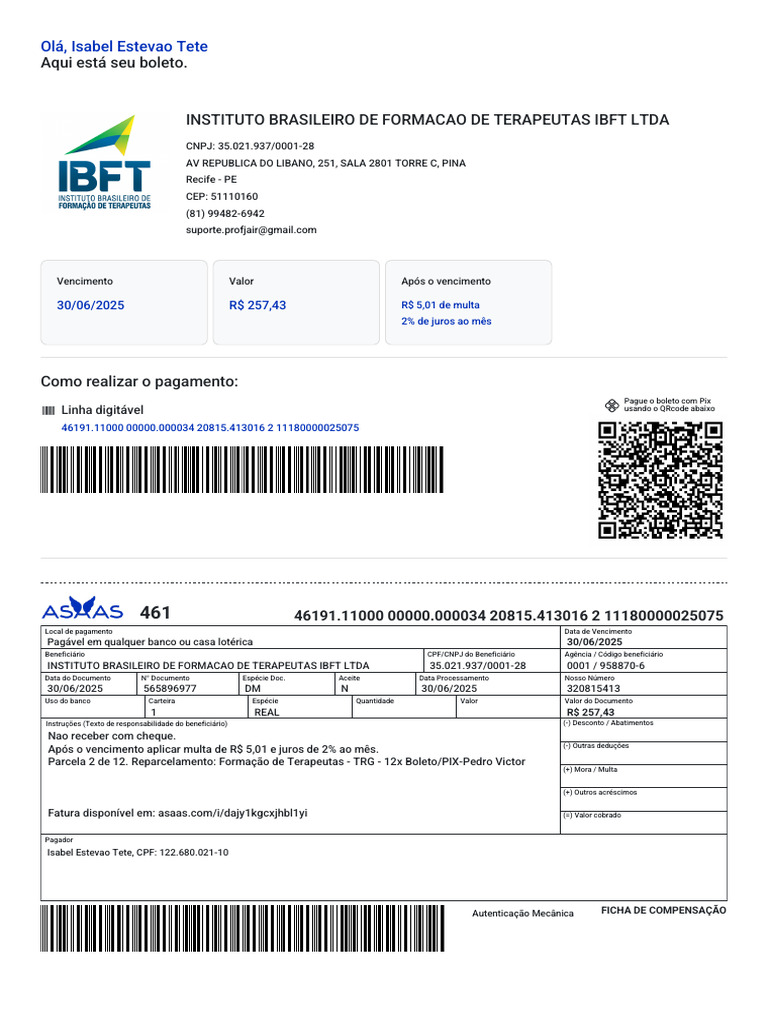 Boleto de Pagamento - Instituto IBFT | PDF | Dinheiro | Finanças pessoais