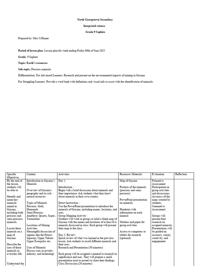 Grade 9 Lesson Plan: Guyana's Minerals | PDF | Gemstone | Lesson Plan