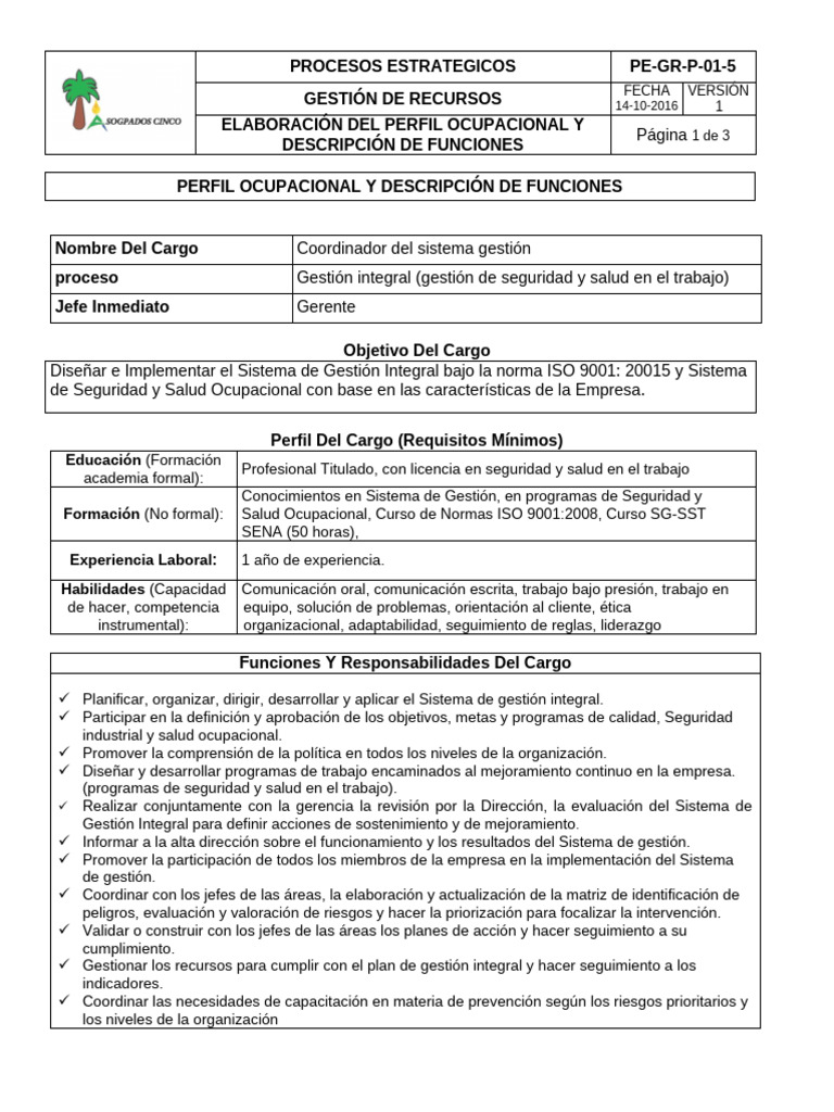 PE-GR-P-01-5 P.O y D.F Coordinador SGI | PDF | Seguridad y salud ...