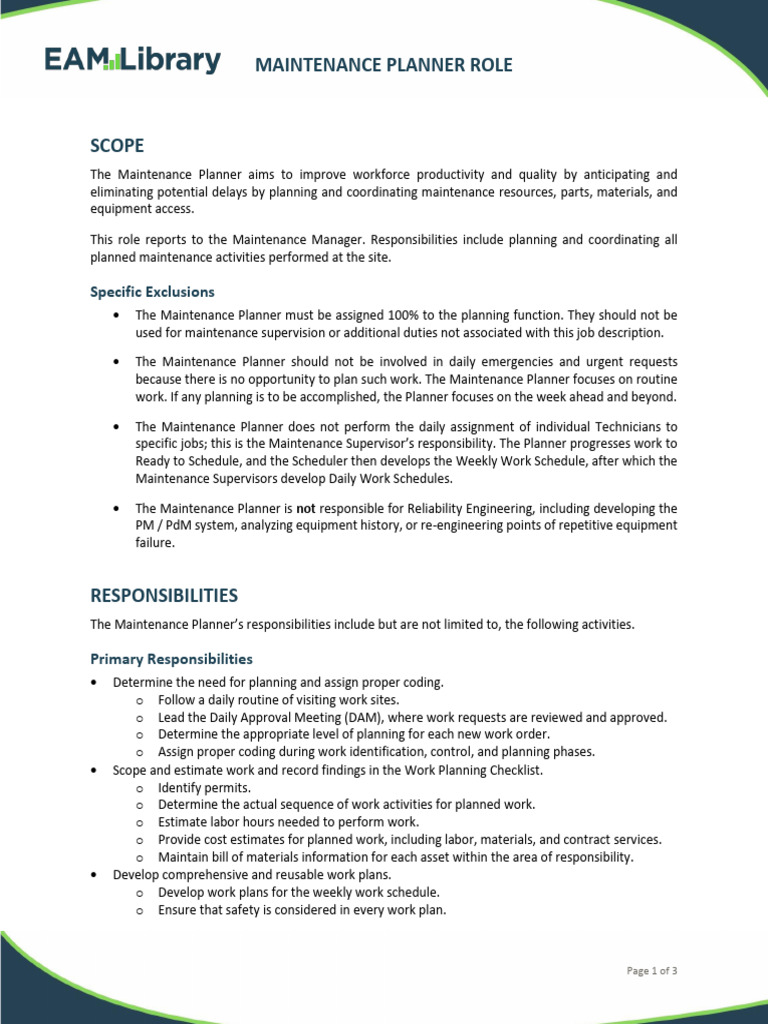 Maintenance Planner Role