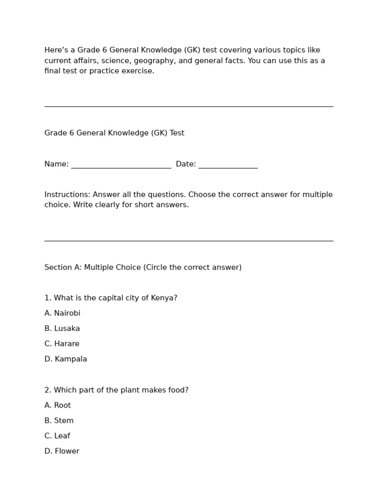 Grade 6 General Knowledge Test | PDF