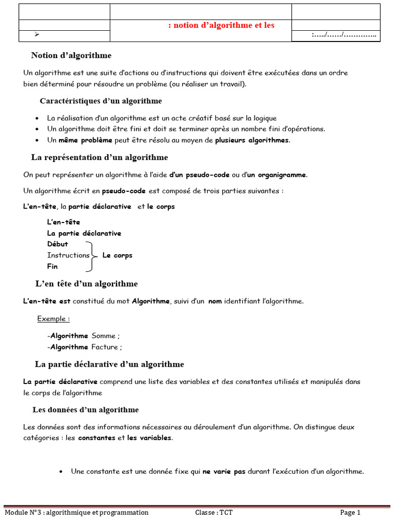 Notions d'algorithme et instructions de base | PDF | Variable ...