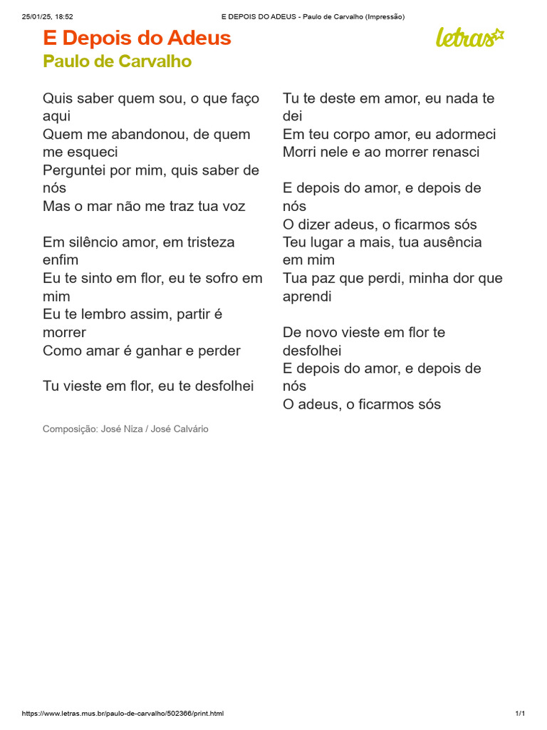Letra de "E Depois do Adeus" | PDF