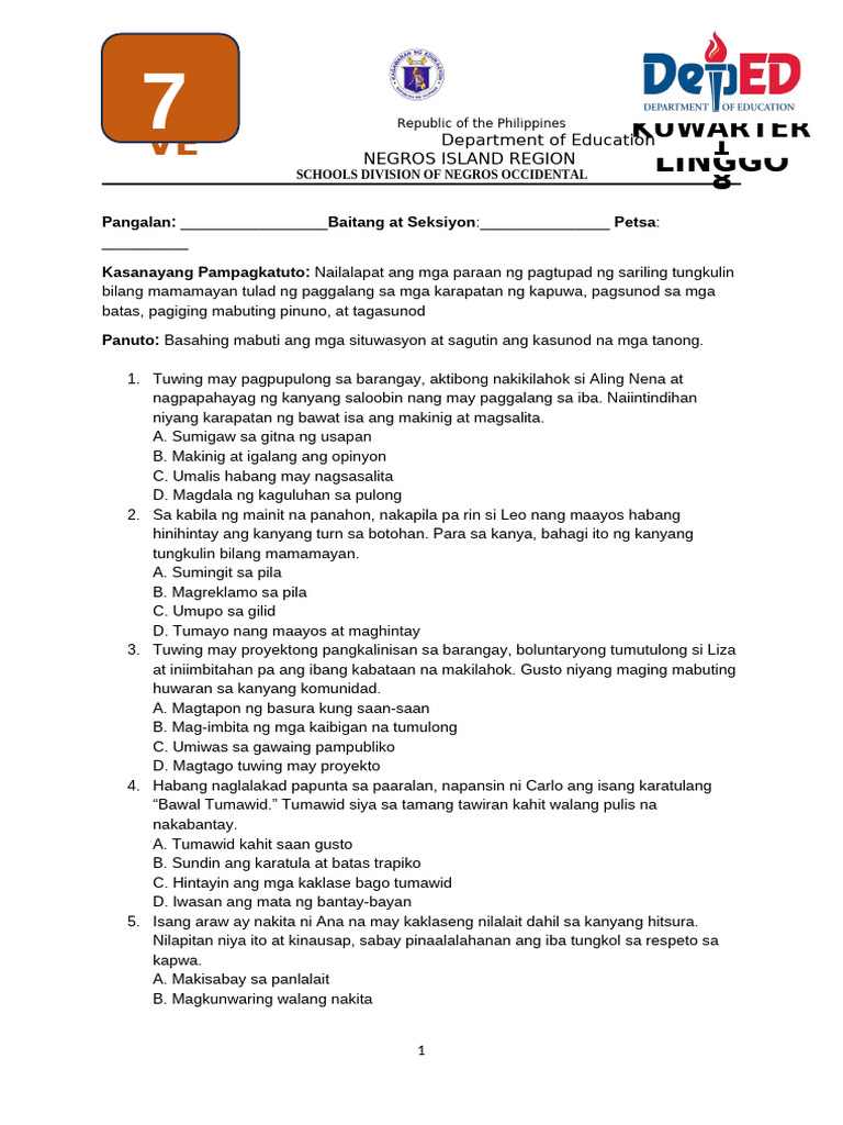 Elk - VE-GRADE - 7 - WK8 Grade 7 Values Education | PDF