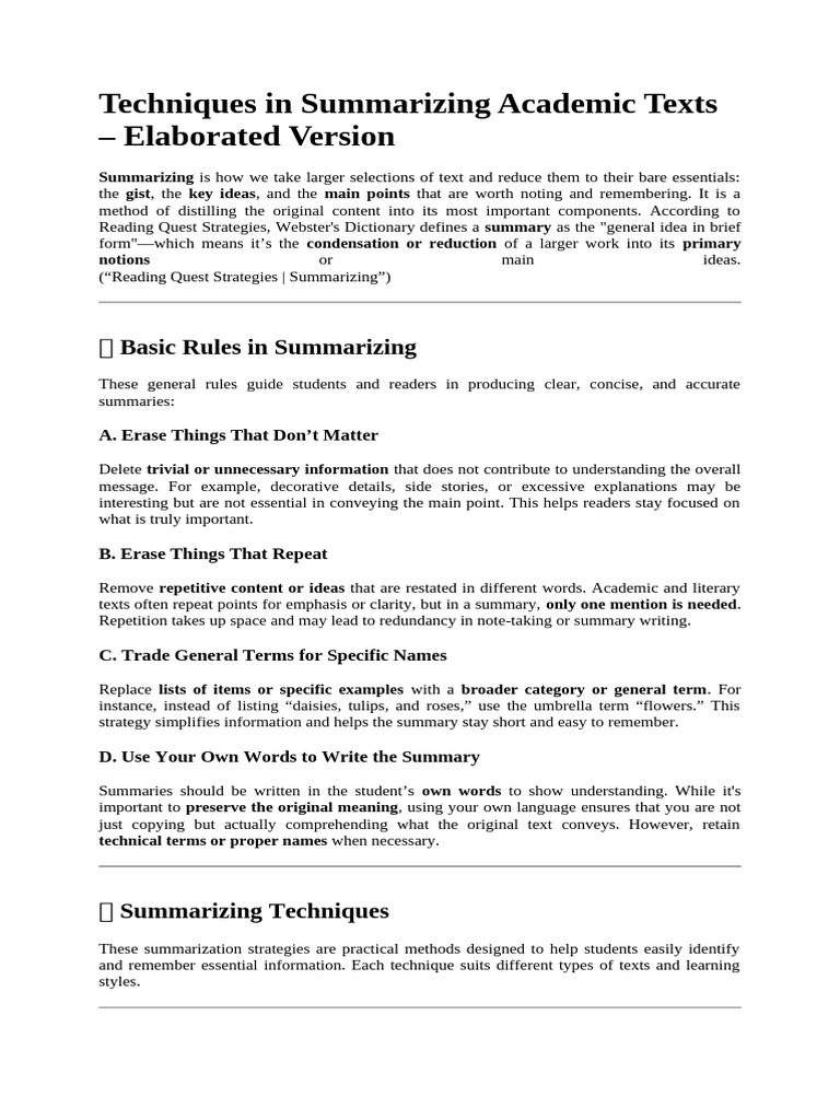 Effective Techniques for Summarizing Texts | PDF
